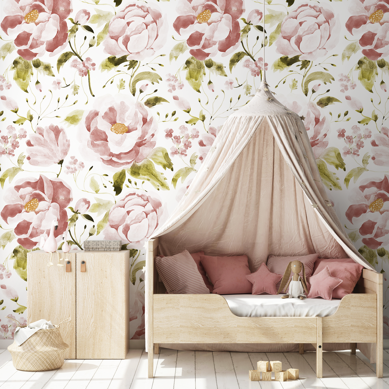 Floral Wallpaper with a Watercolor Peony Motif in Pink and Green - C965