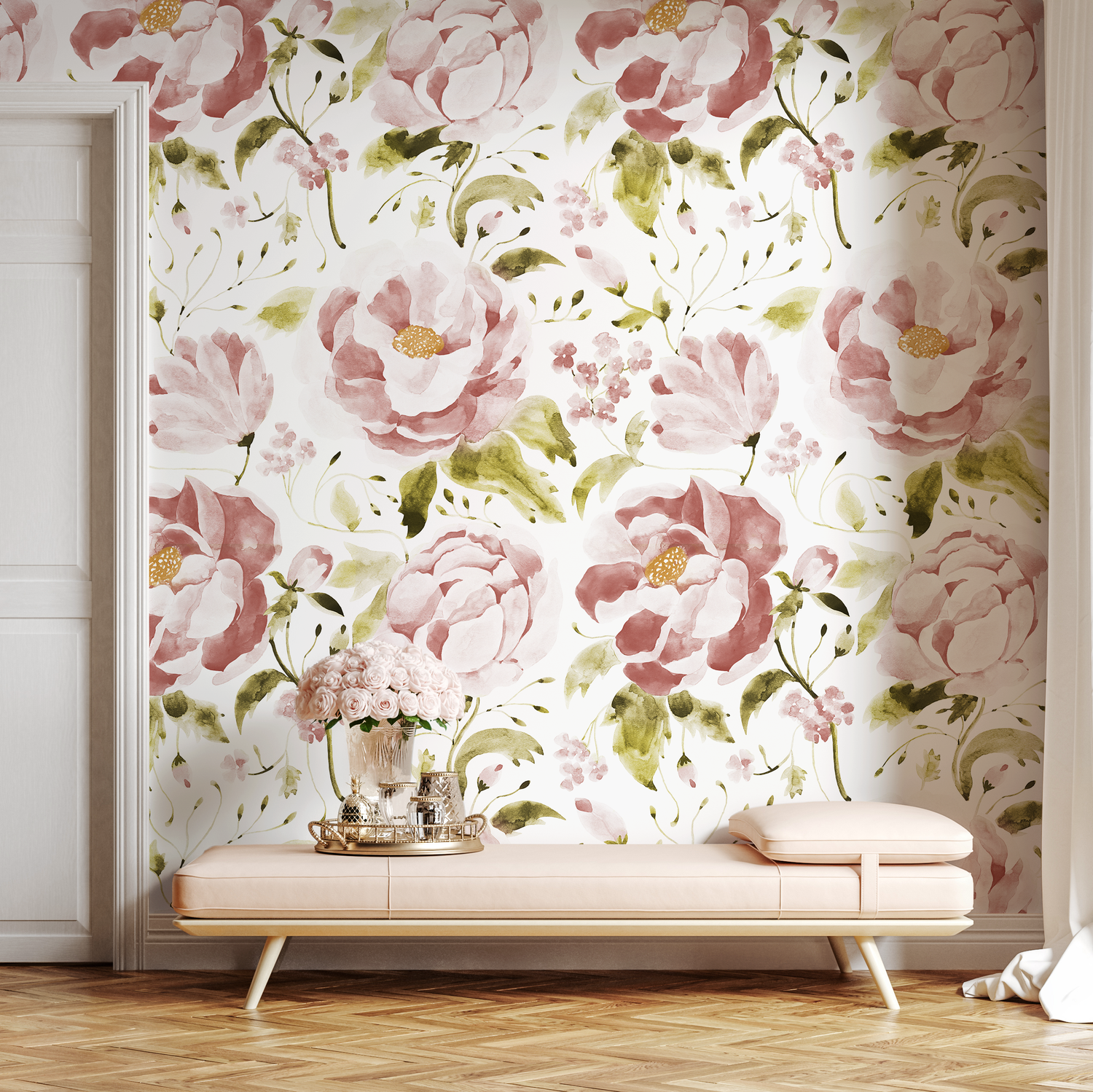 Floral Wallpaper with a Watercolor Peony Motif in Pink and Green - C965