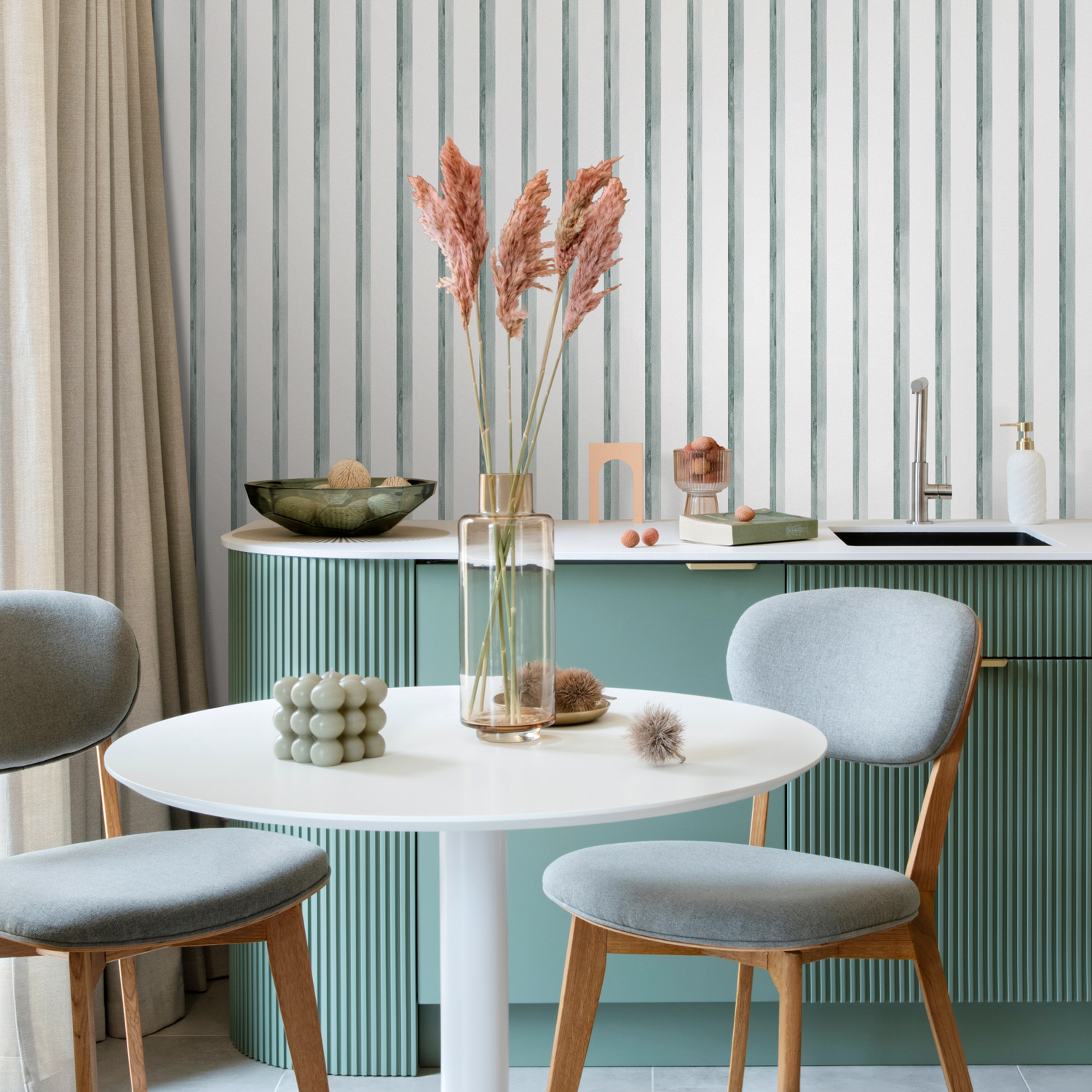 Striped Wallpaper with a Watercolor Stripe Motif in Blue and Gray - C966