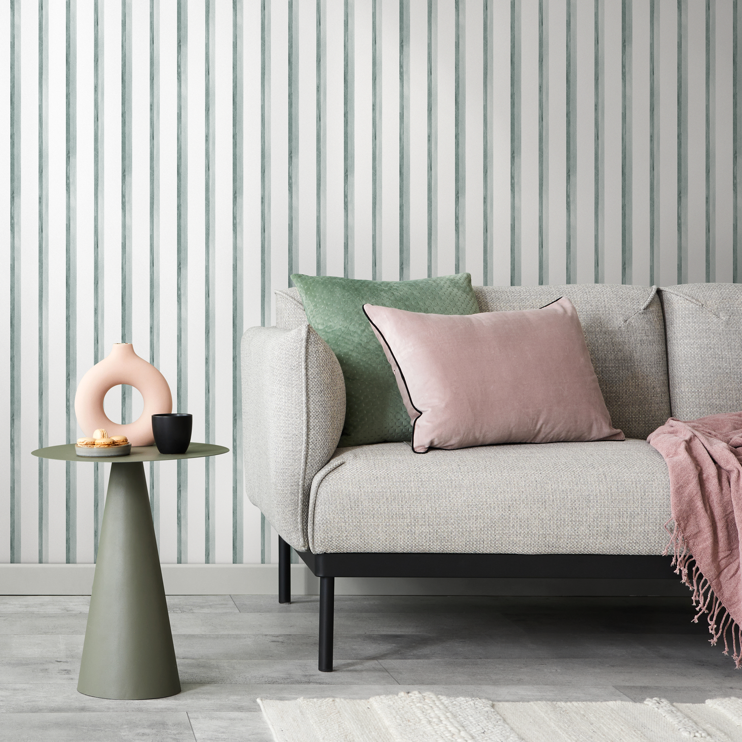 Striped Wallpaper with a Watercolor Stripe Motif in Blue and Gray - C966