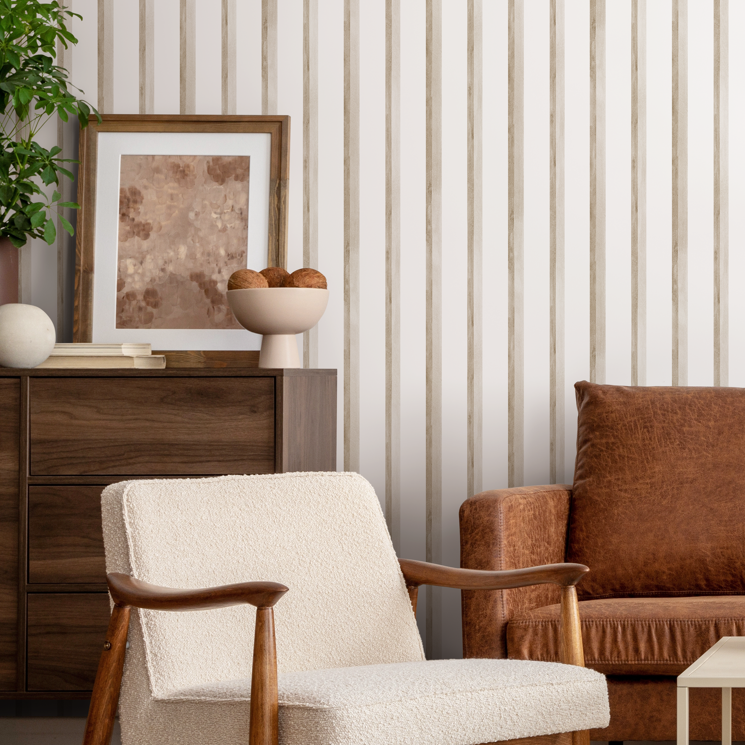 Striped Wallpaper with Vertical Textured Stripes in Beige and Taupe - C967