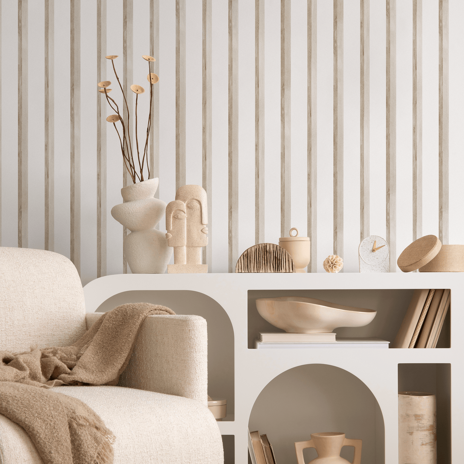 Striped Wallpaper with Vertical Textured Stripes in Beige and Taupe - C967