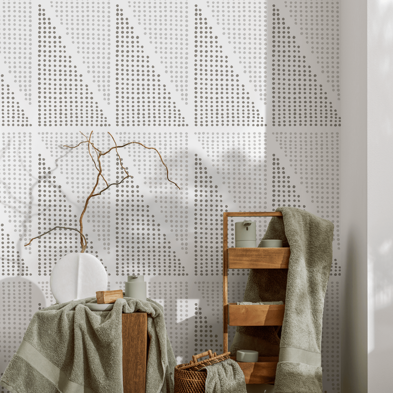 Geometric Wallpaper with Dotted Triangles in Shades of Gray - C970