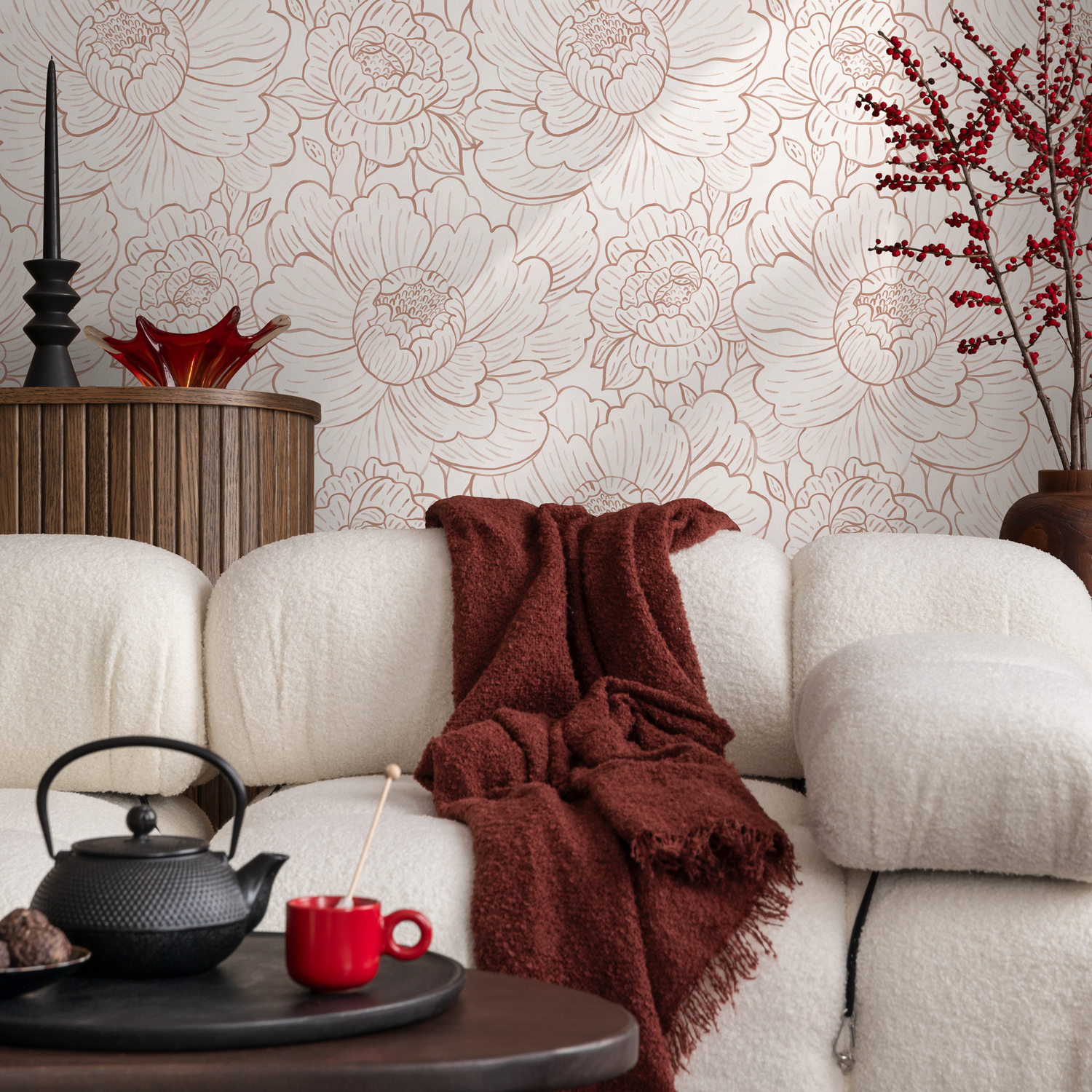 Floral Wallpaper with Minimalist Peony Outlines in Dusty Rose - C973