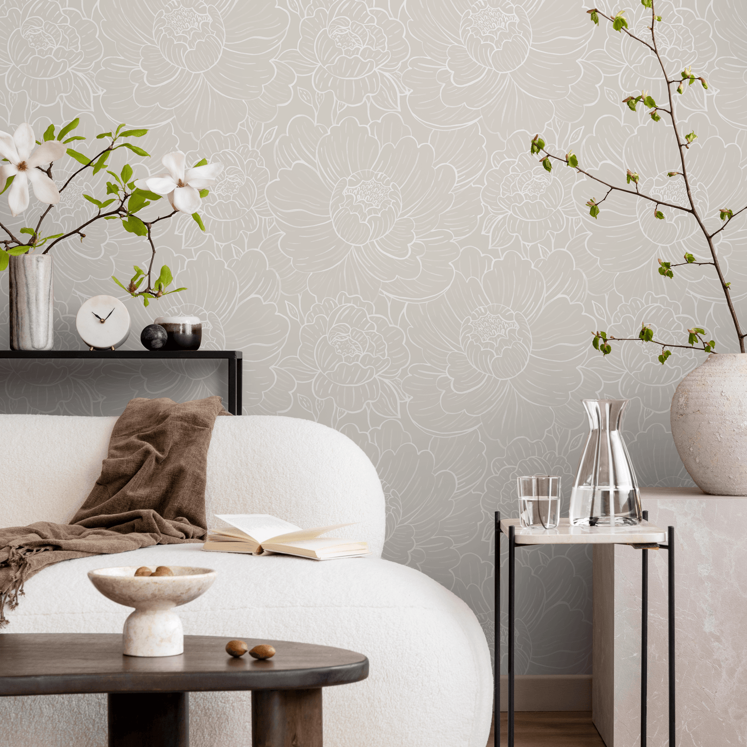 Papel pintado de peonías florales beige / Papel pintado autoadhesivo / Papel pintado extraíble / Decoración del hogar / Arte de pared / Decoración de habitaciones - C974