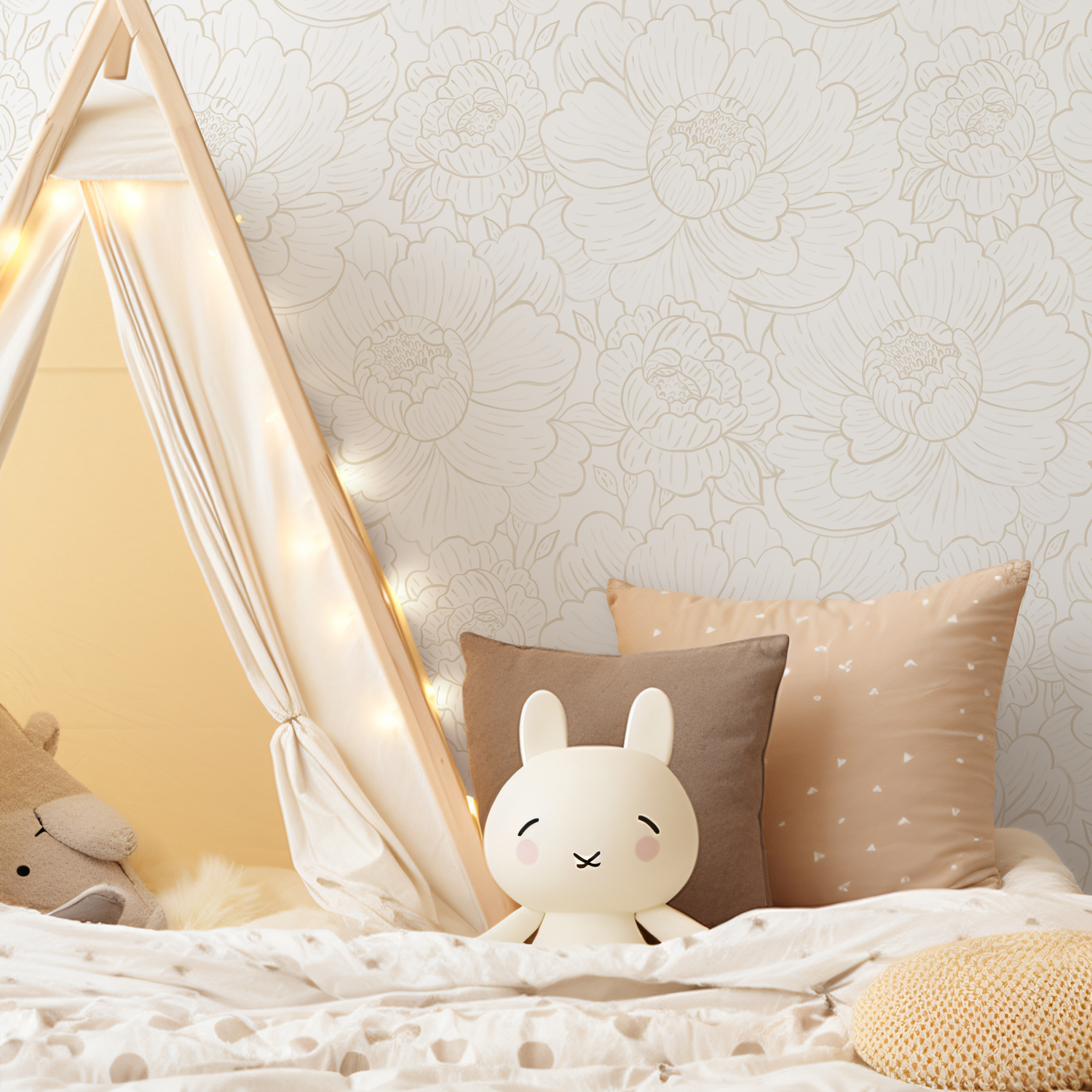 Floral Wallpaper with Minimalist Peony Outlines in Neutral Beige - C975