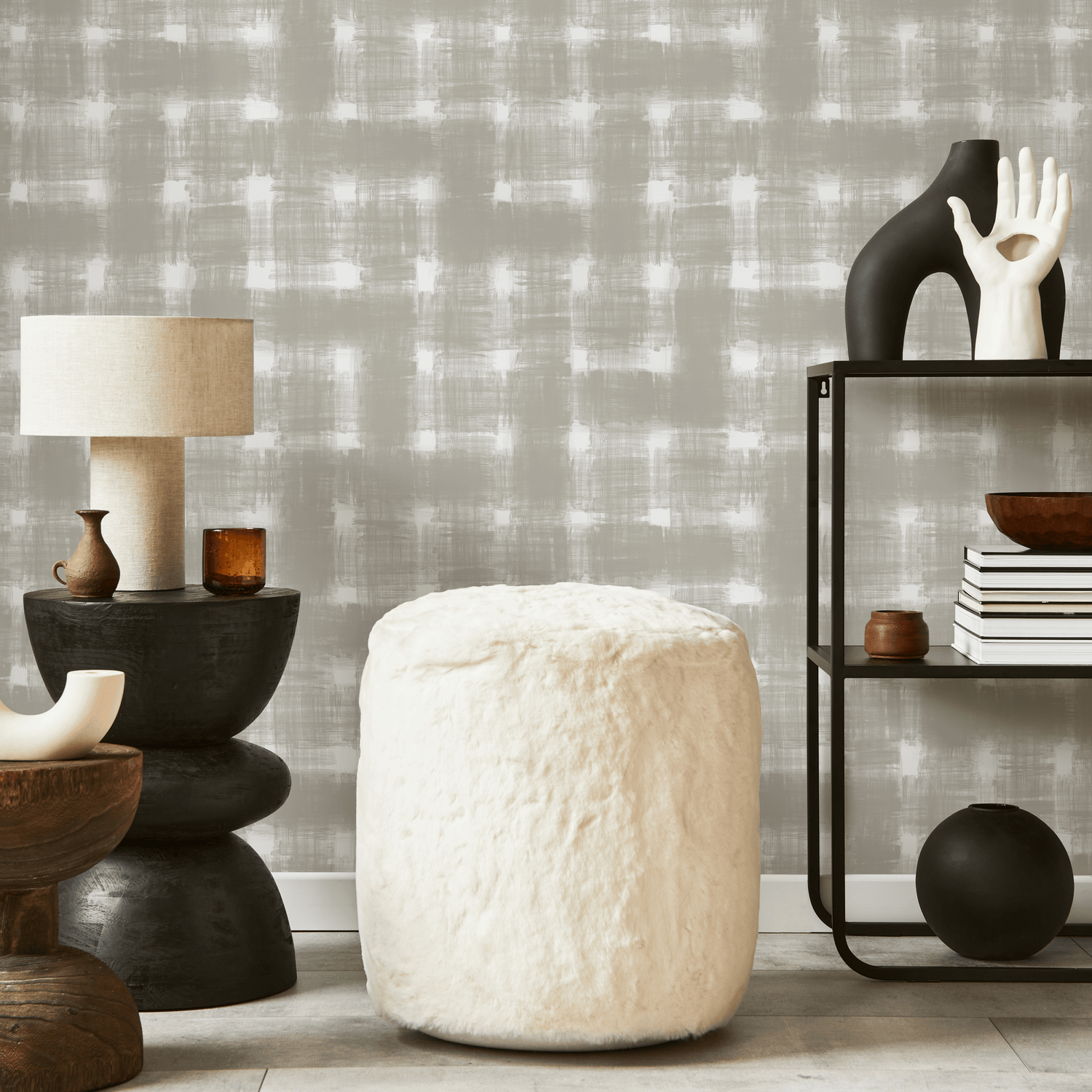 Checkered Wallpaper with a Rustic Brushed Motif in Gray and Off-White - C978