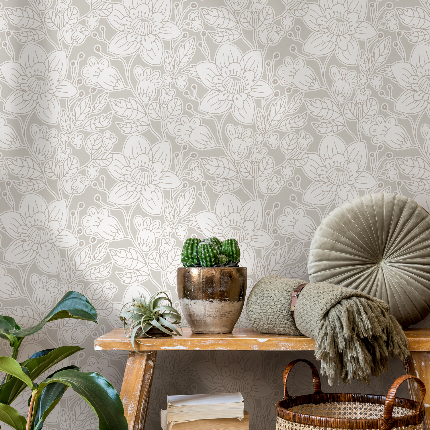 Botanical Wallpaper with a Delicate Floral Line Art Motif in Taupe and Cream - C979