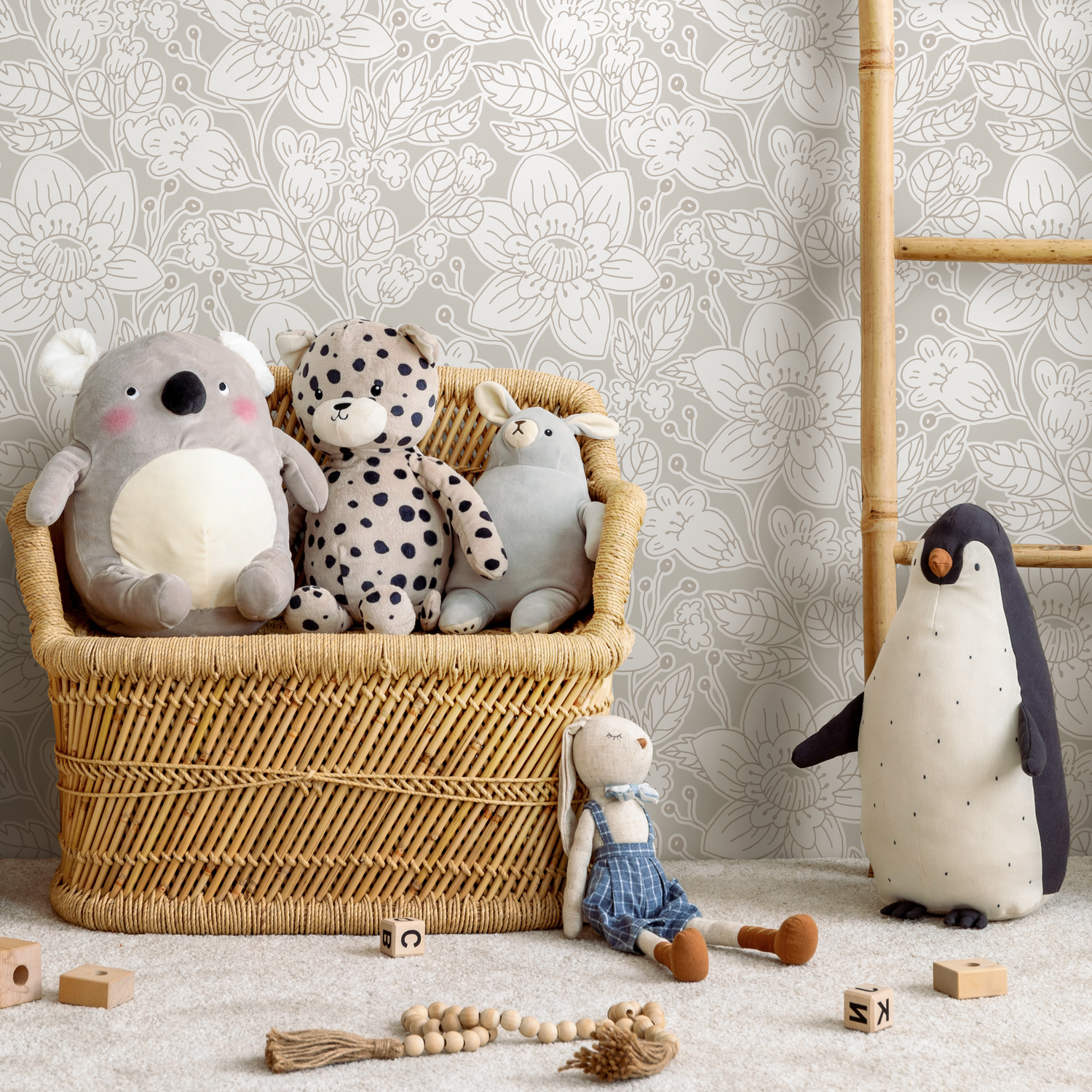 Botanical Wallpaper with a Delicate Floral Line Art Motif in Taupe and Cream - C979