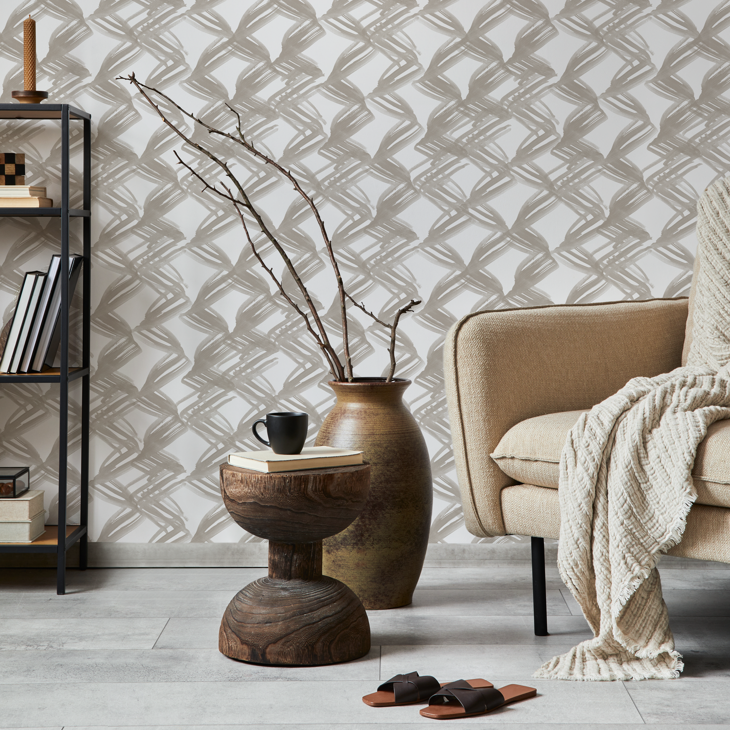 Abstract Wallpaper with a Woven Brushstroke Motif in Taupe - C980