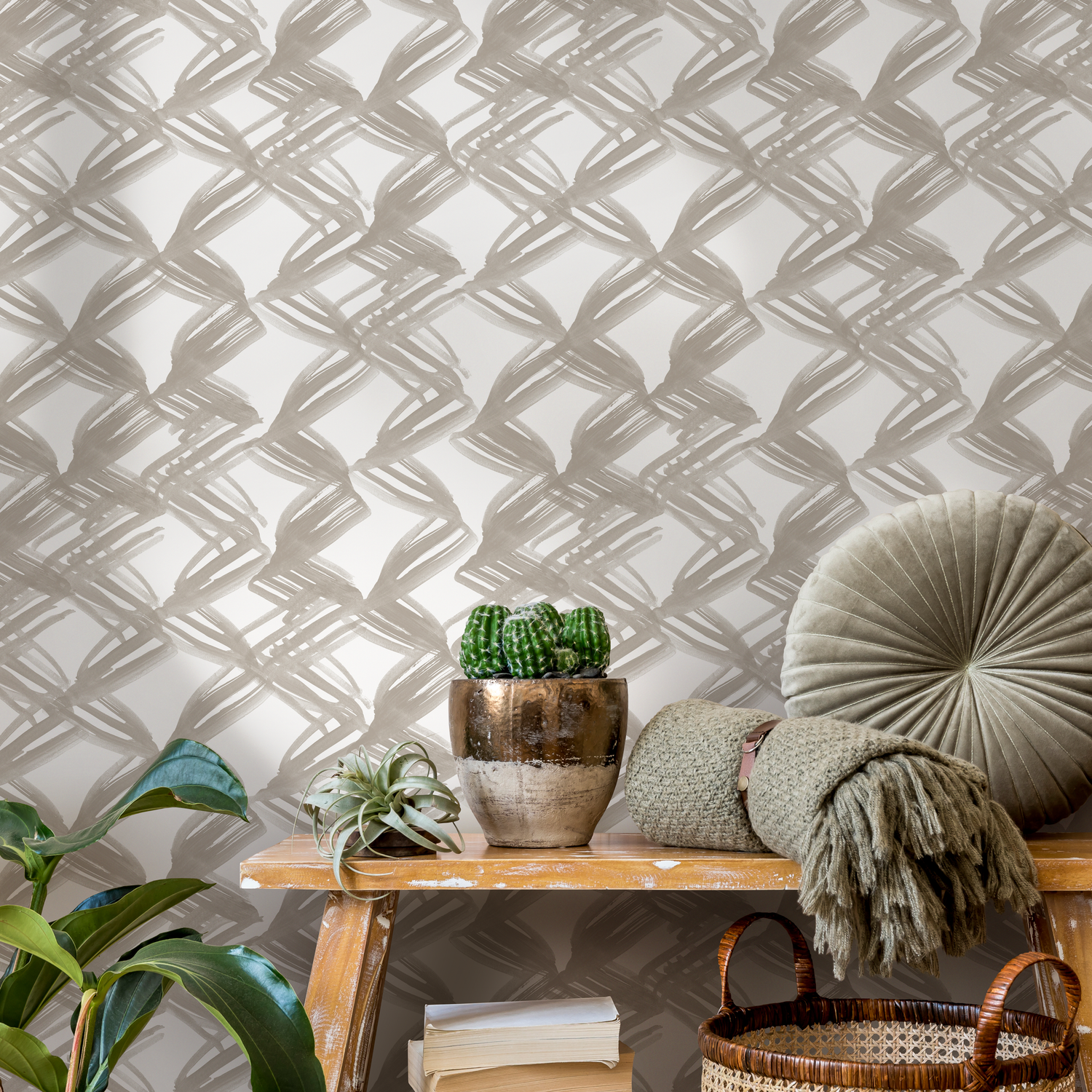 Abstract Wallpaper with a Woven Brushstroke Motif in Taupe - C980