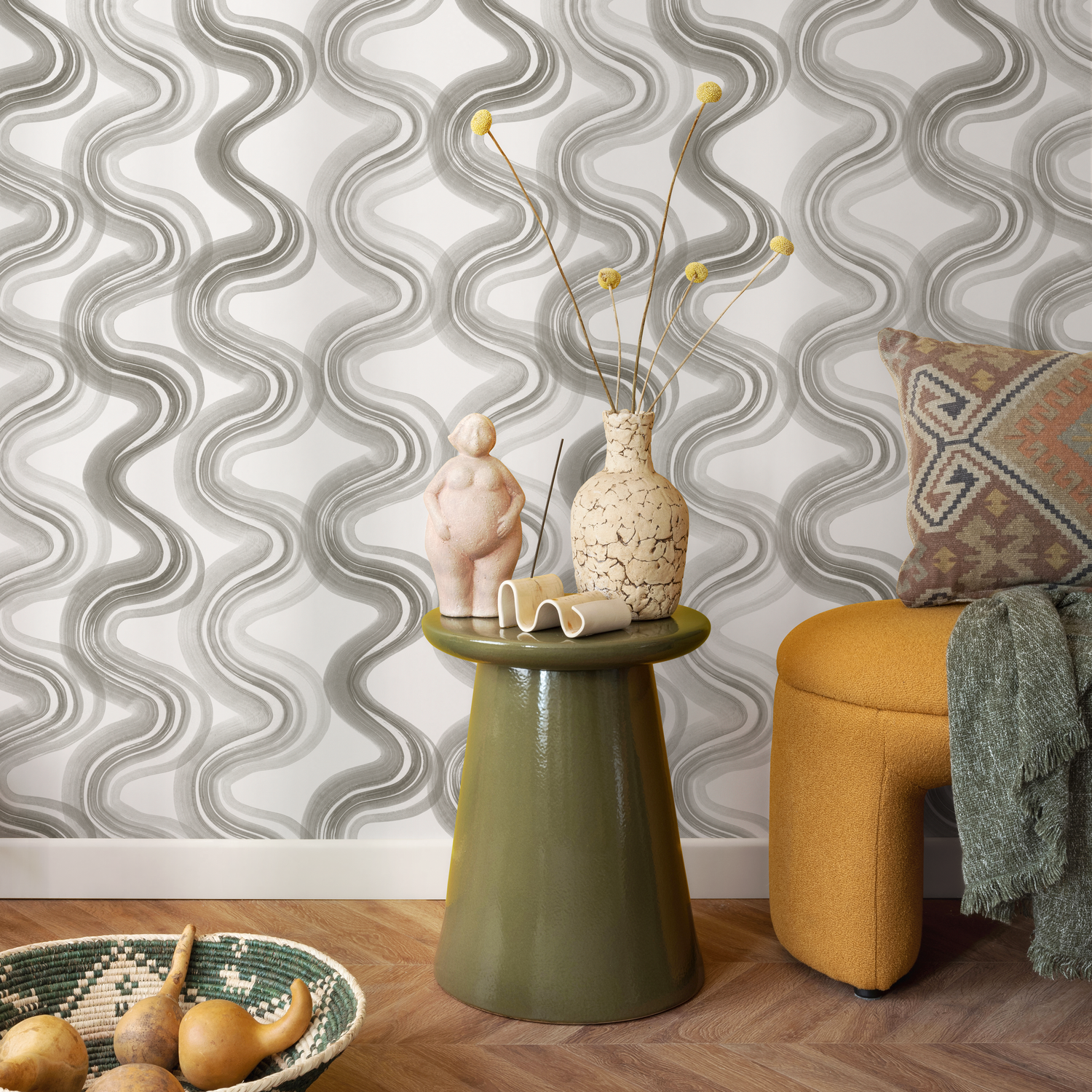 Abstract Wallpaper with a Wavy Ink Brushstroke Motif in Shades of Gray - C984