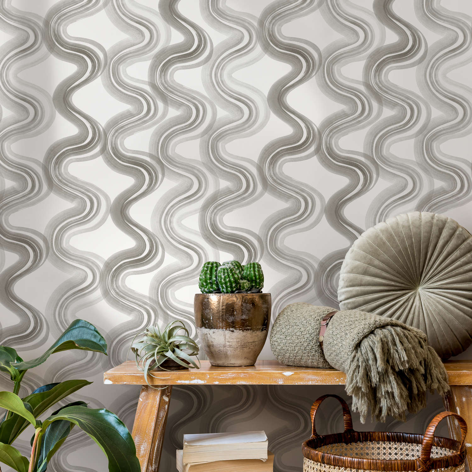 Abstract Wallpaper with a Wavy Ink Brushstroke Motif in Shades of Gray - C984