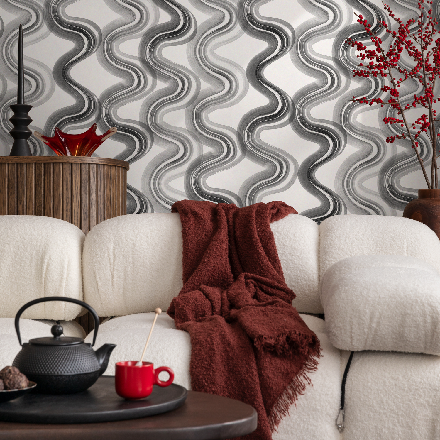 Abstract Wallpaper with Wavy Ink Lines in Black, White, and Gray - C985