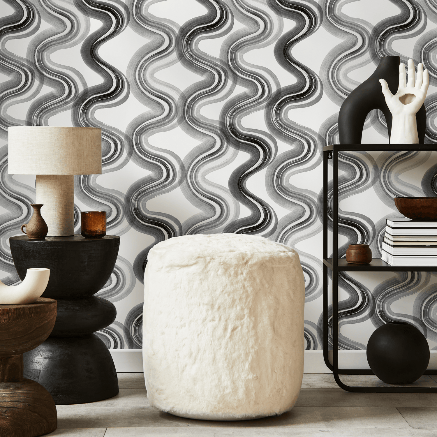 Abstract Wallpaper with Wavy Ink Lines in Black, White, and Gray - C985