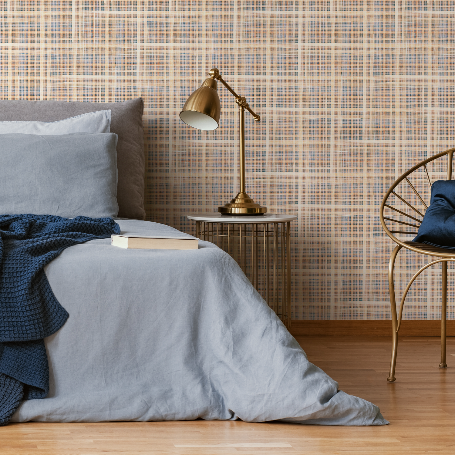 Tartan Wallpaper with a Woven Grid Motif in Blue, Orange, and Beige - D015