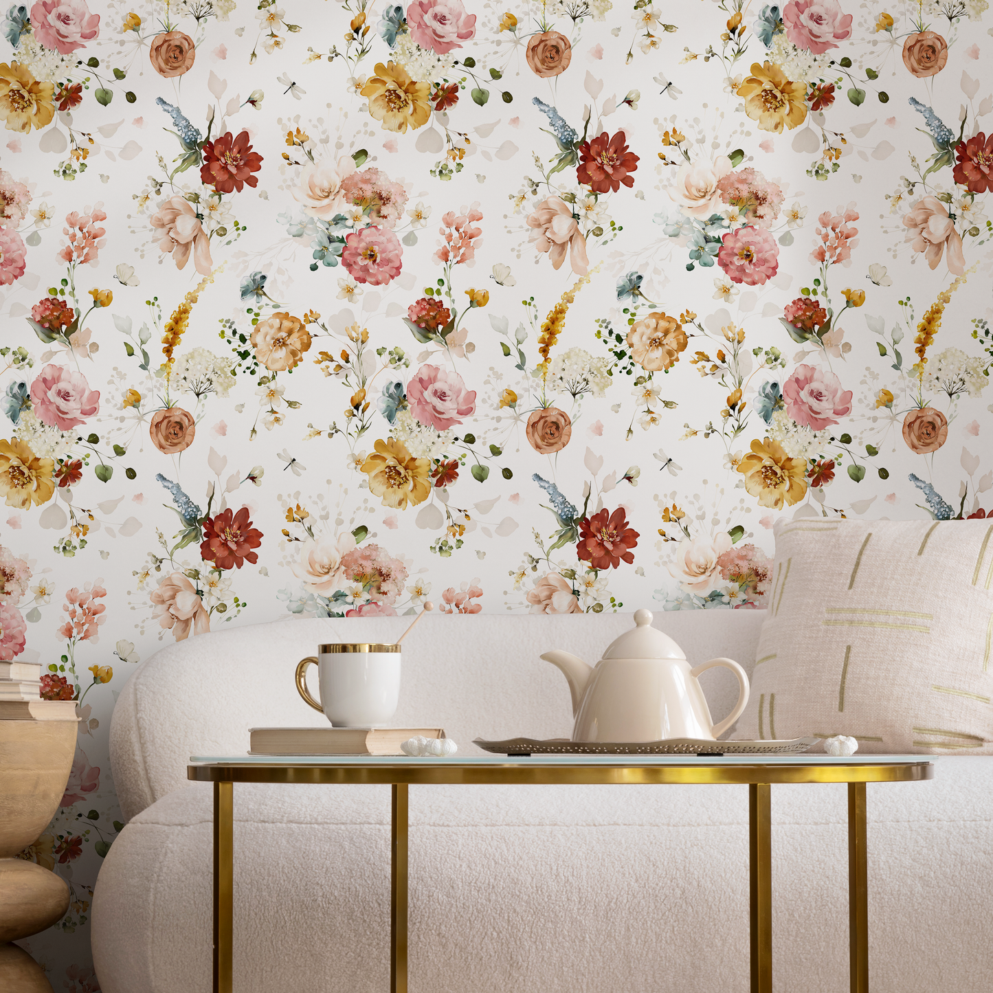 Vintage Floral Watercolor Wallpaper / Peel and Stick Wallpaper Removable Wallpaper Home Decor Wall Art Wall Decor Room Decor - D022