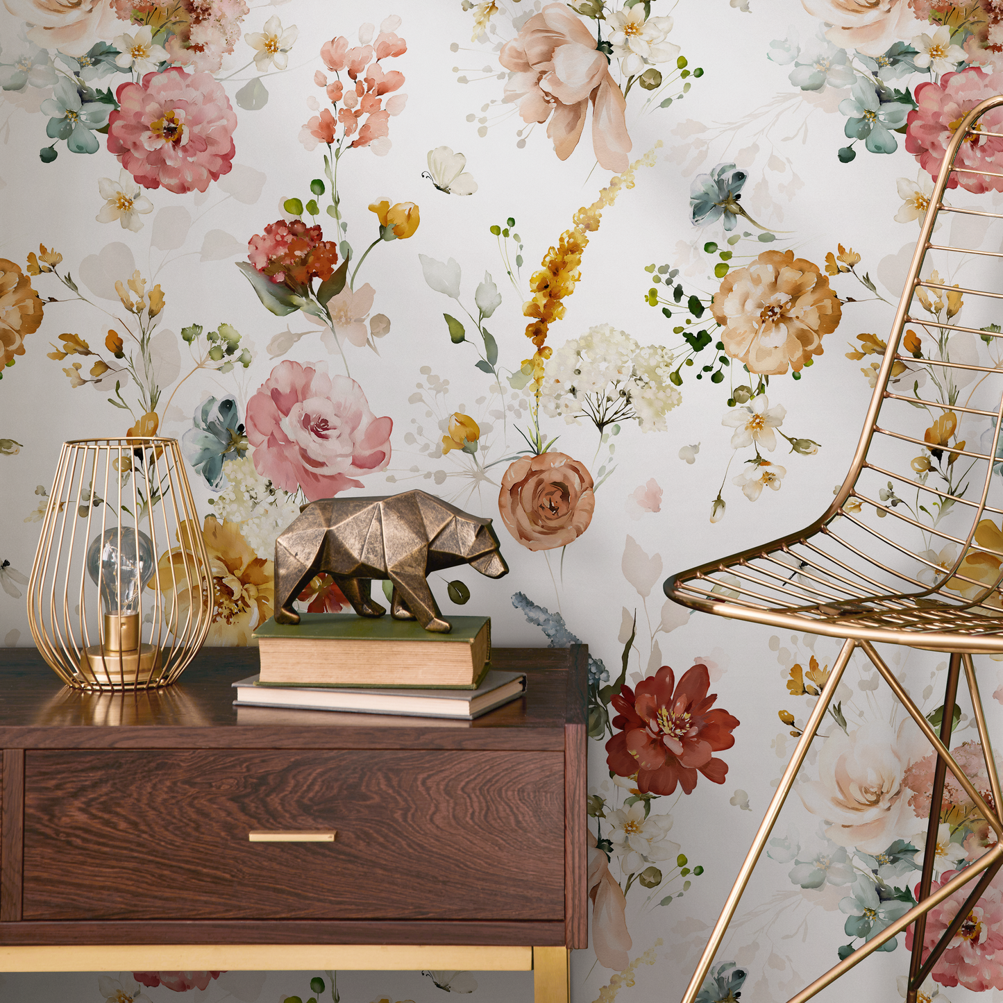 Vintage Floral Watercolor Wallpaper / Peel and Stick Wallpaper Removable Wallpaper Home Decor Wall Art Wall Decor Room Decor - D022