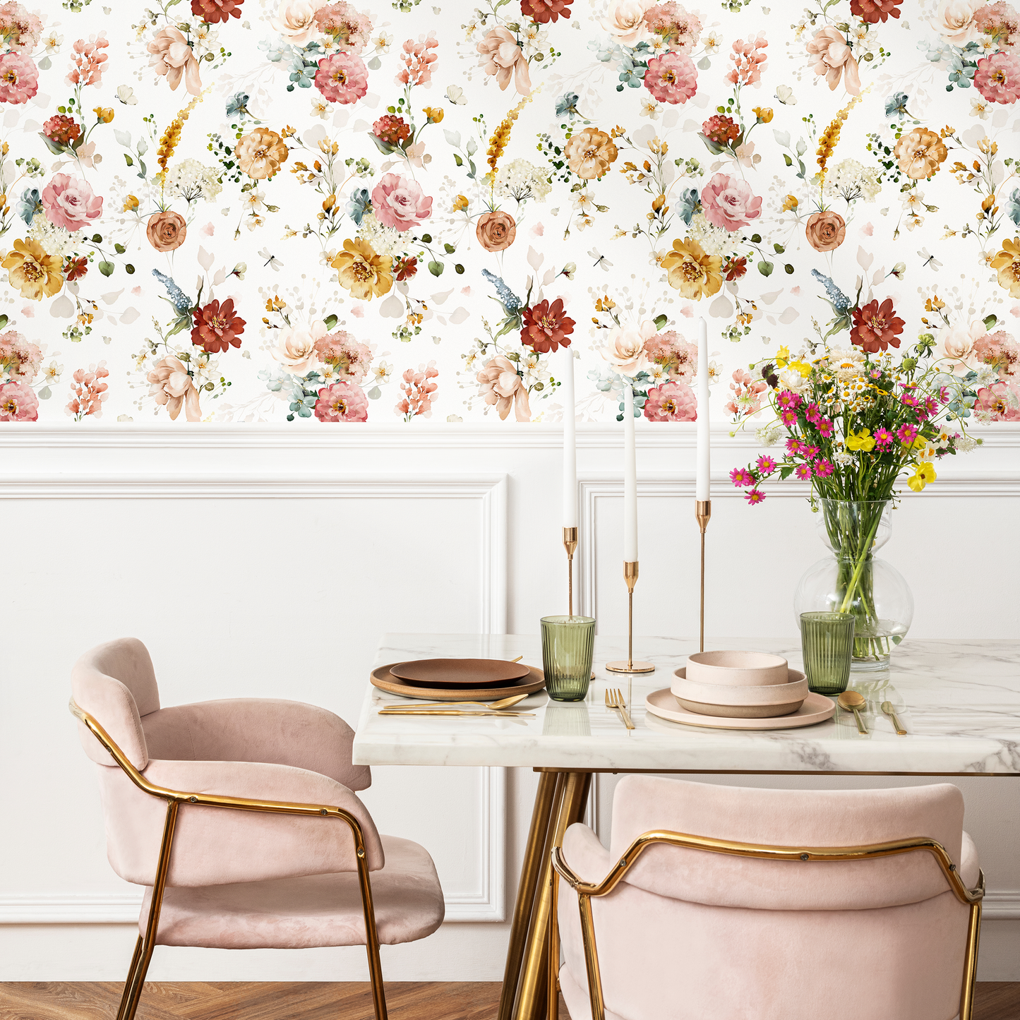 Vintage Floral Watercolor Wallpaper / Peel and Stick Wallpaper Removable Wallpaper Home Decor Wall Art Wall Decor Room Decor - D022