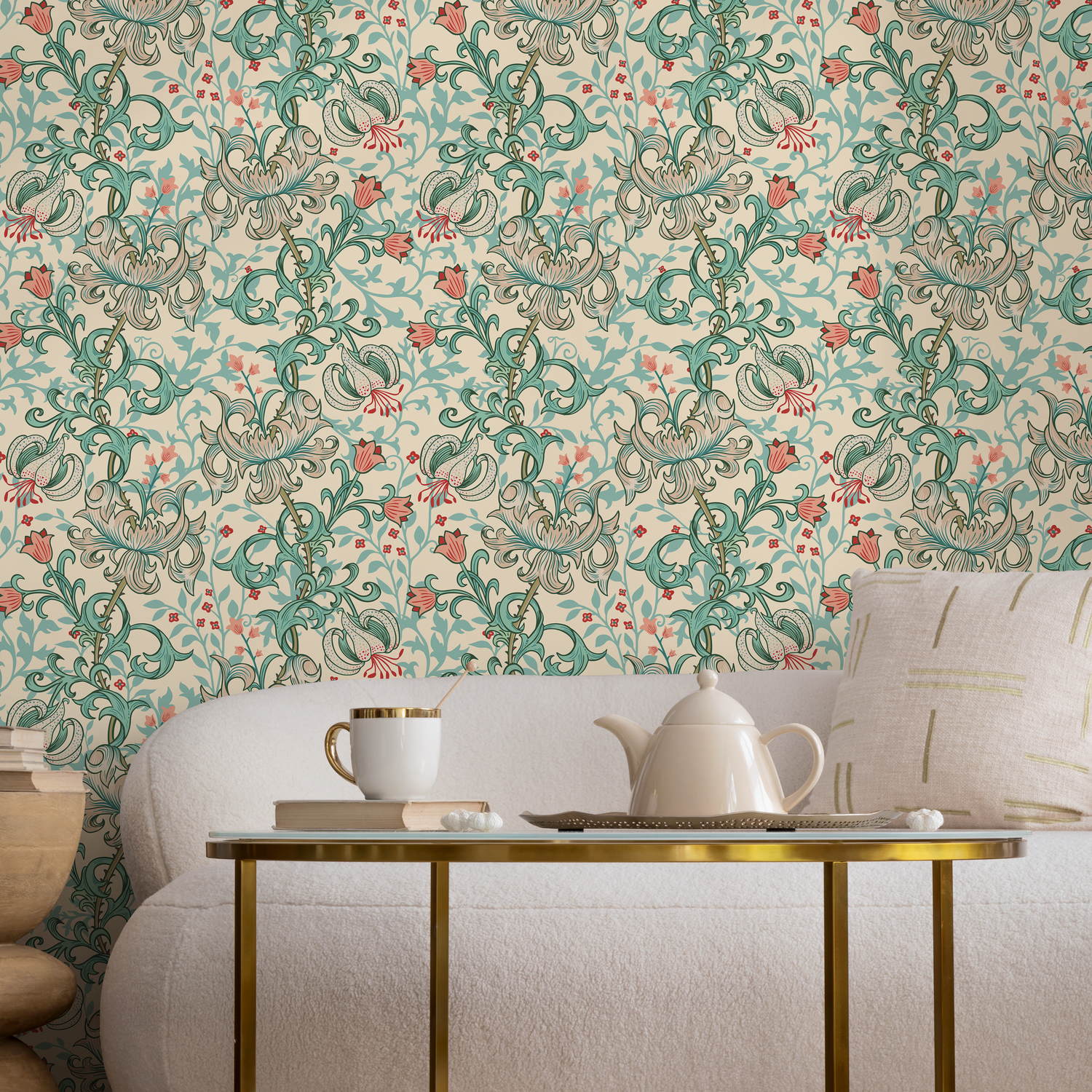 Vintage Floral Wallpaper with a Lily Motif in Teal, Coral, and Cream - D057