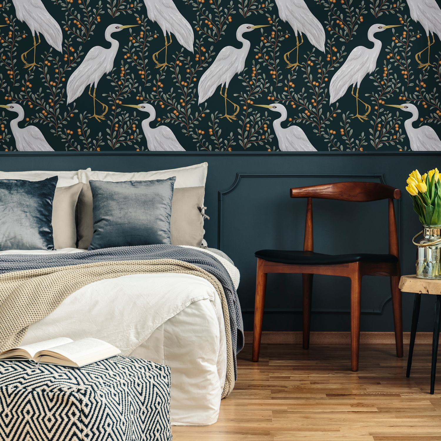 Bird Wallpaper Featuring Elegant Cranes and Berry Branches in Dark Teal and White - D072
