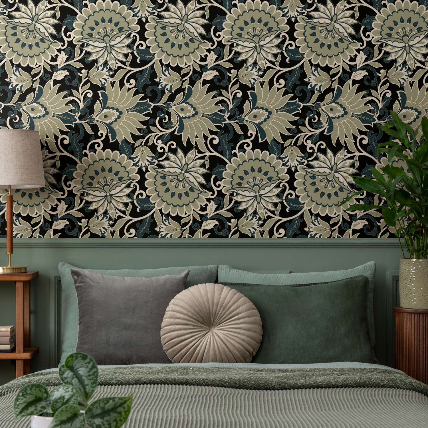 Victorian Wallpaper with a Floral Damask in Green, Teal, and Cream - D080
