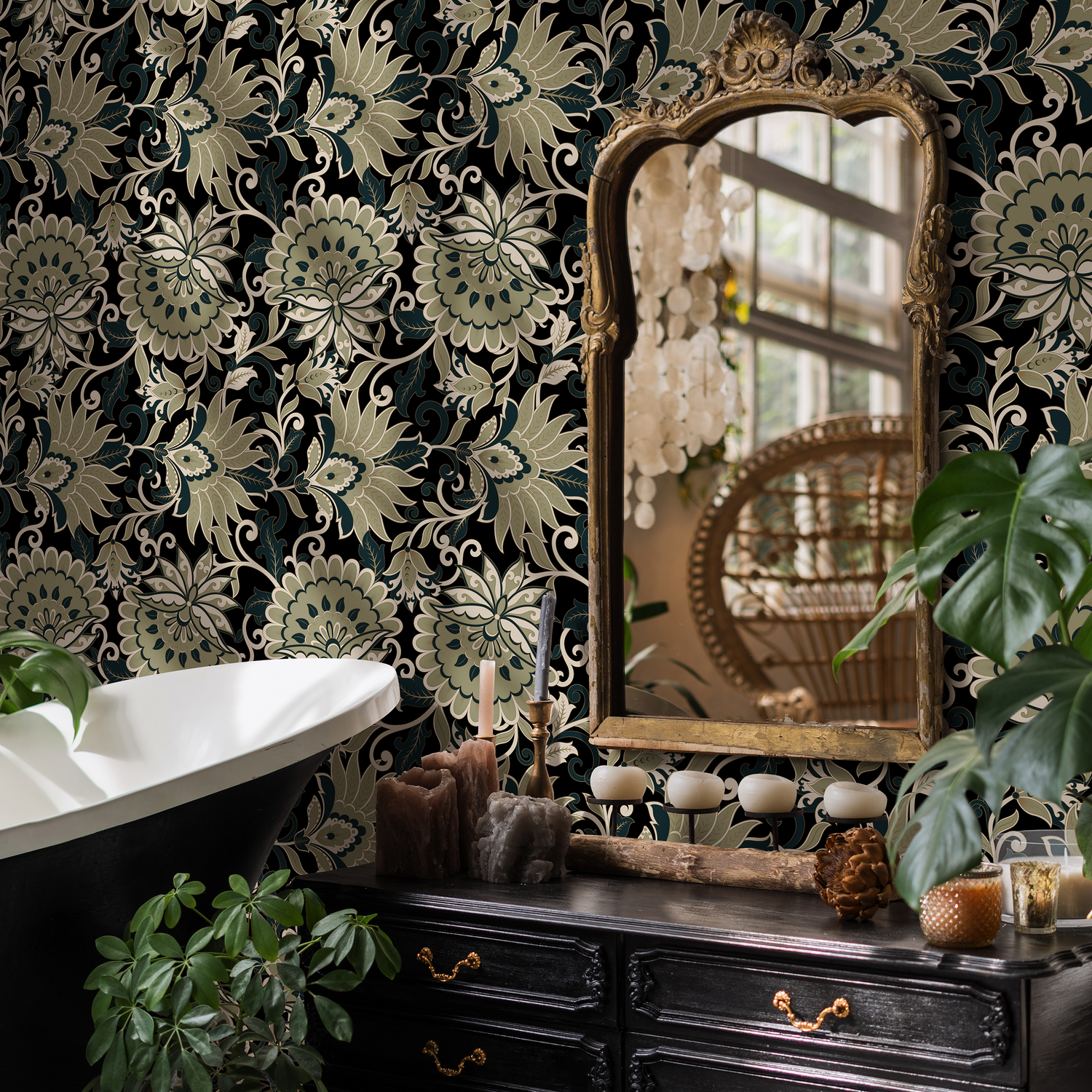 Victorian Wallpaper with a Floral Damask in Green, Teal, and Cream - D080