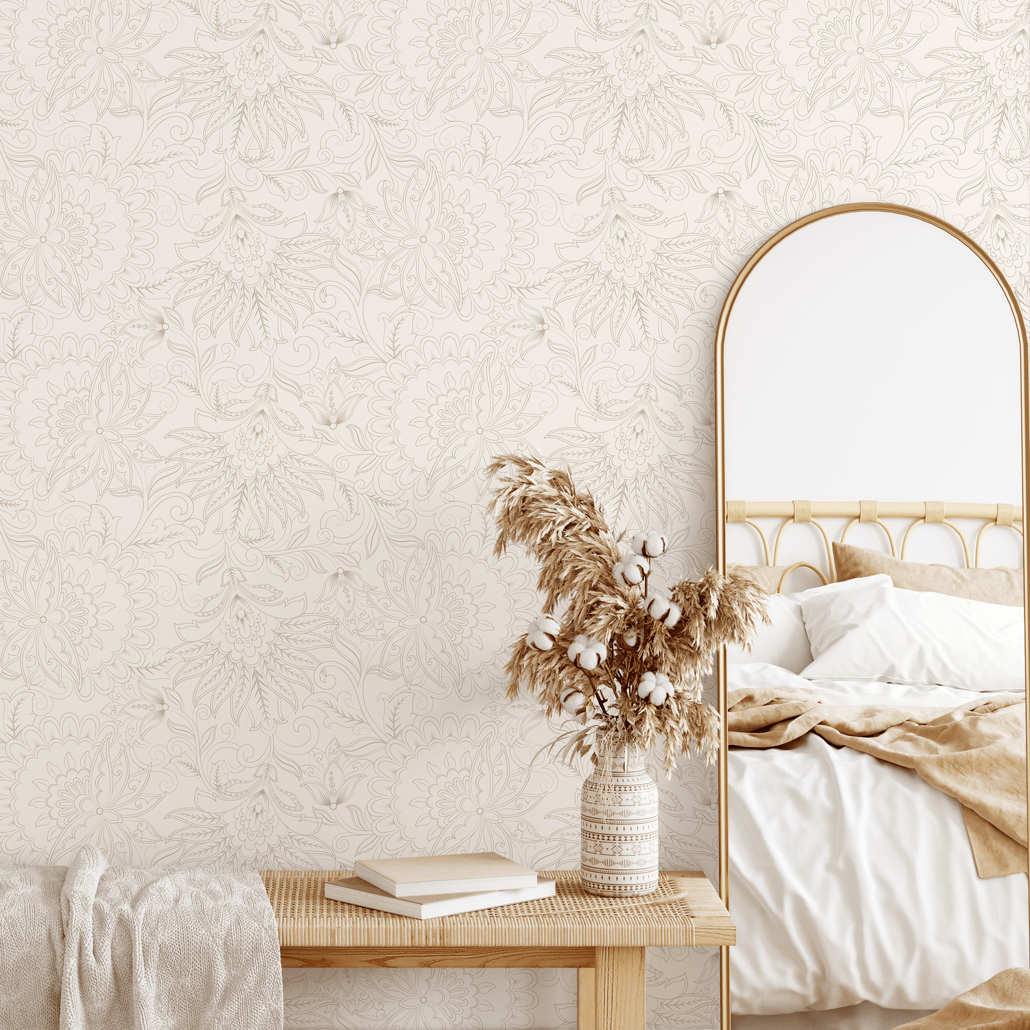 Victorian Wallpaper with Intricate Floral Line Art in Beige and Cream - D082