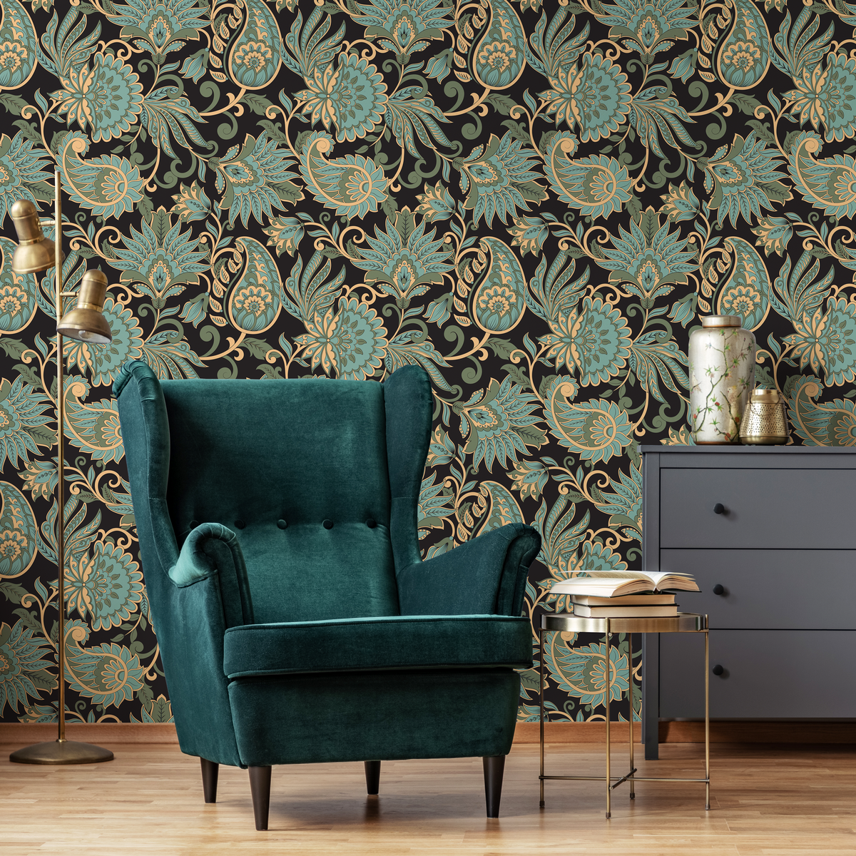 Green Victorian Vintage Wallpaper / Peel and Stick Wallpaper Removable Wallpaper Home Decor Wall Art Wall Decor Room Decor - D089 - ONDECOR.COM