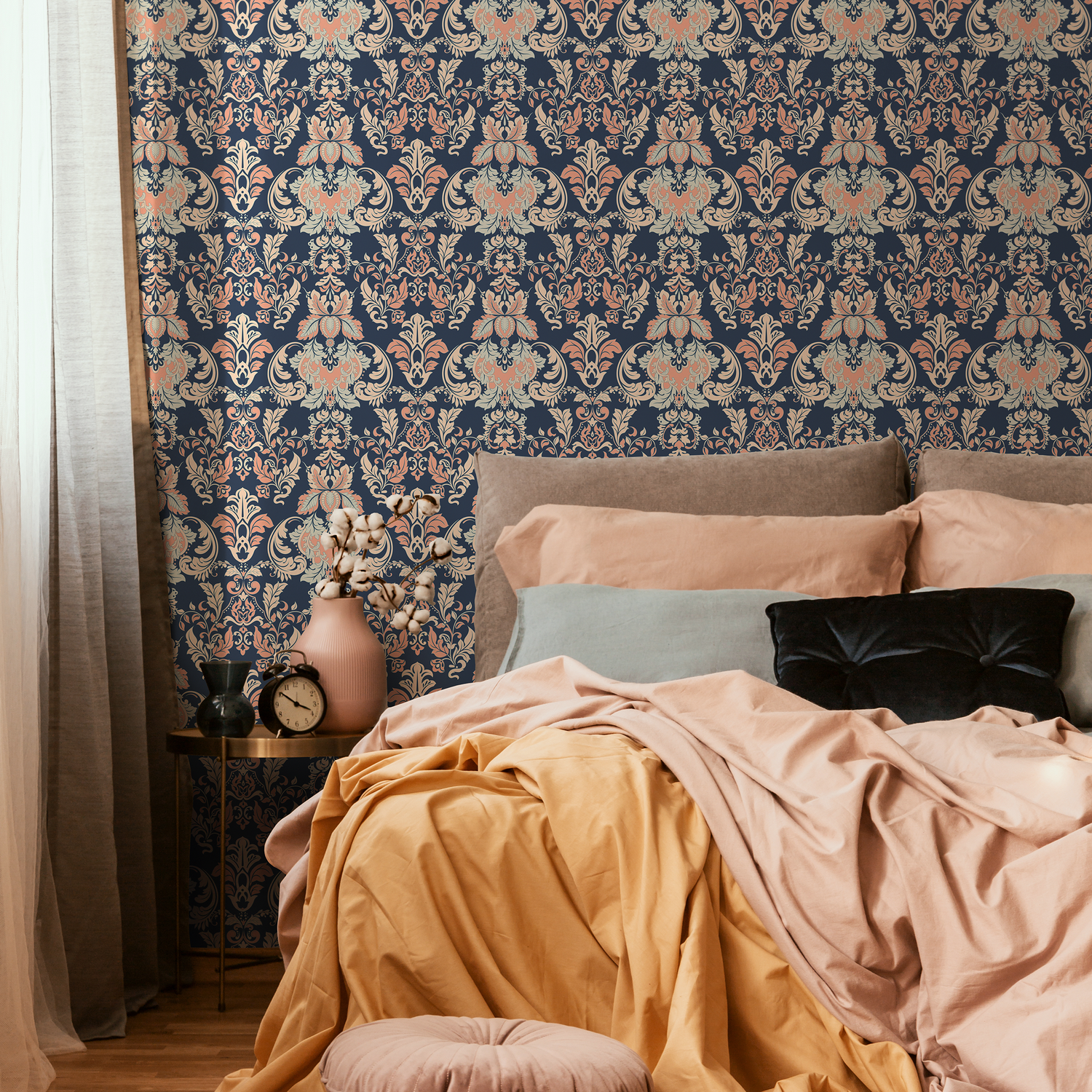 Damask Wallpaper with an Intricate Victorian Motif in Navy Blue, Coral, and Beige - D092