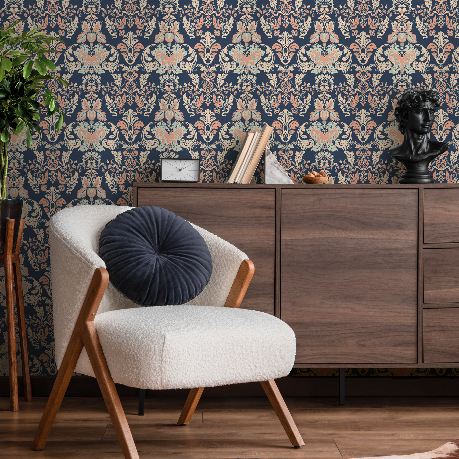 Damask Wallpaper with an Intricate Victorian Motif in Navy Blue, Coral, and Beige - D092