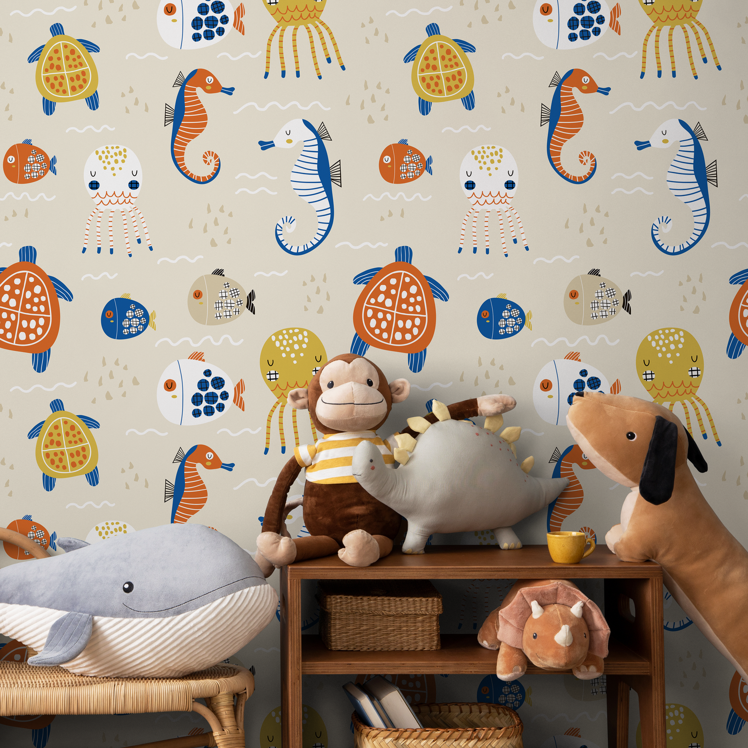 Ocean Wallpaper with Folk Art Sea Creatures in Blue, Orange, and Yellow - D110