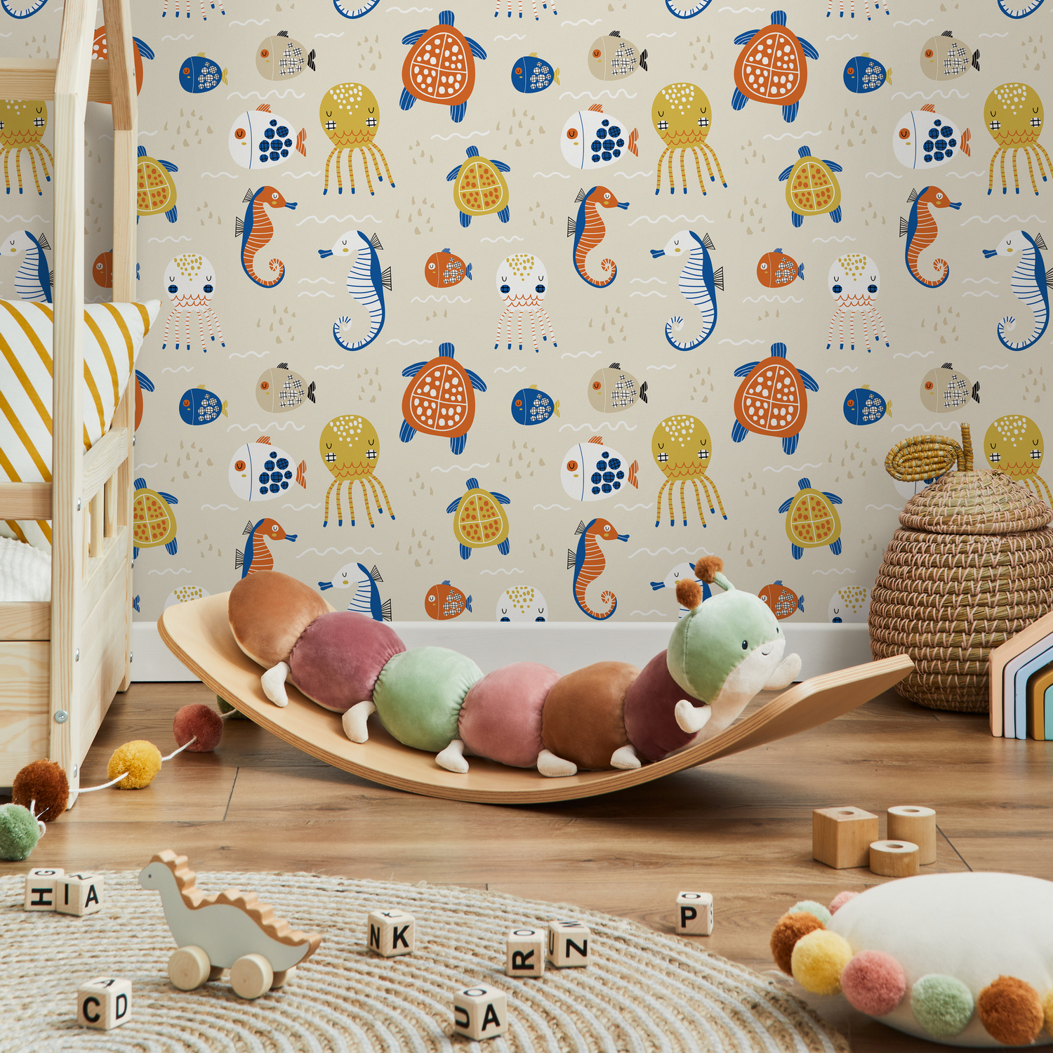 Ocean Wallpaper with Folk Art Sea Creatures in Blue, Orange, and Yellow - D110