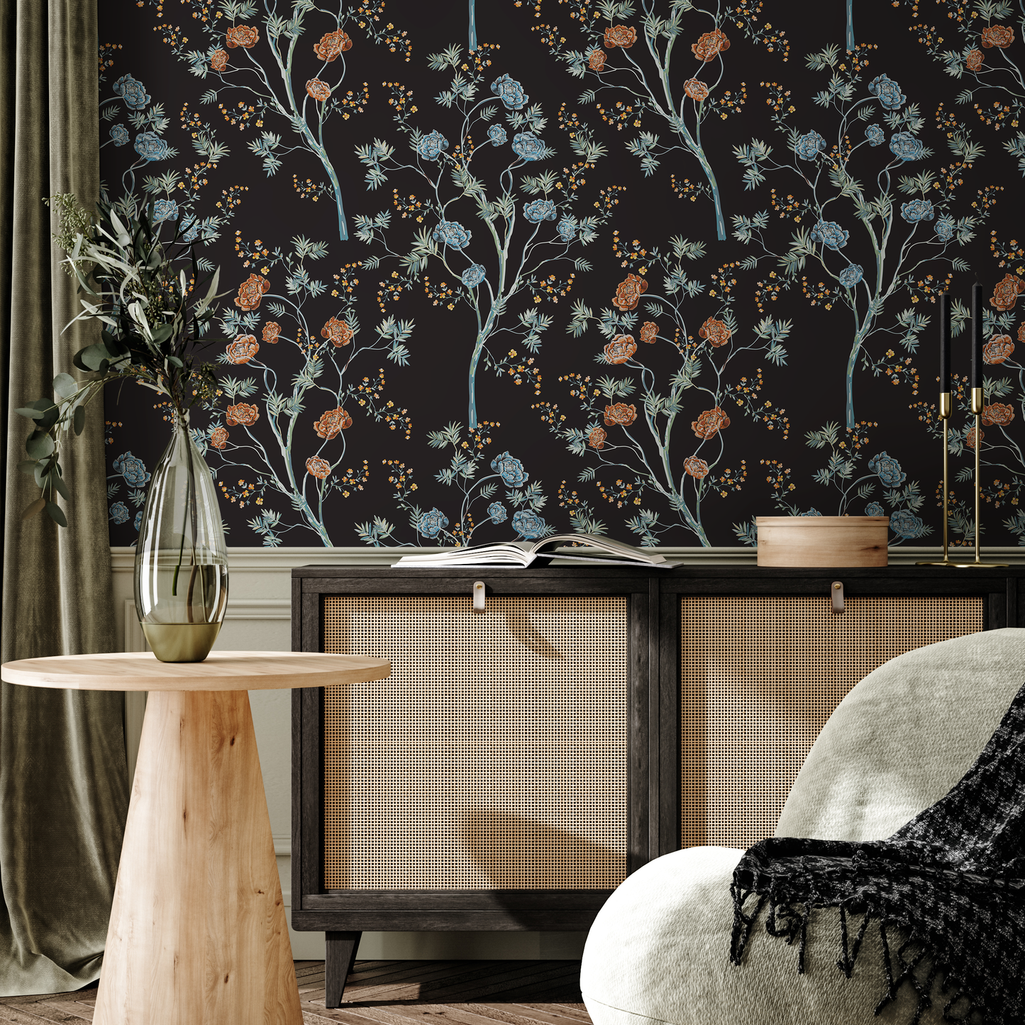 Papier peint à motif floral foncé / Papier peint autocollant amovible - Décoration d'intérieur - D122