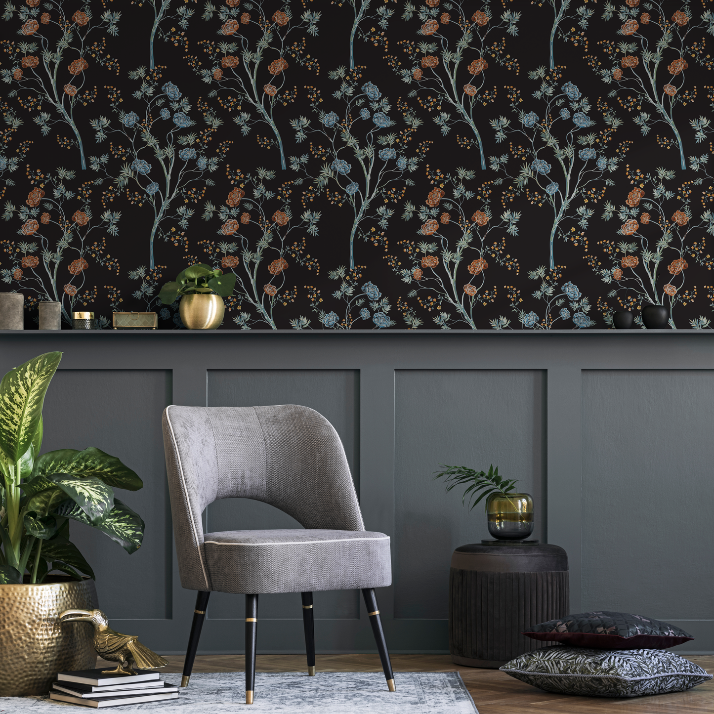 Papier peint à motif floral foncé / Papier peint autocollant amovible - Décoration d'intérieur - D122