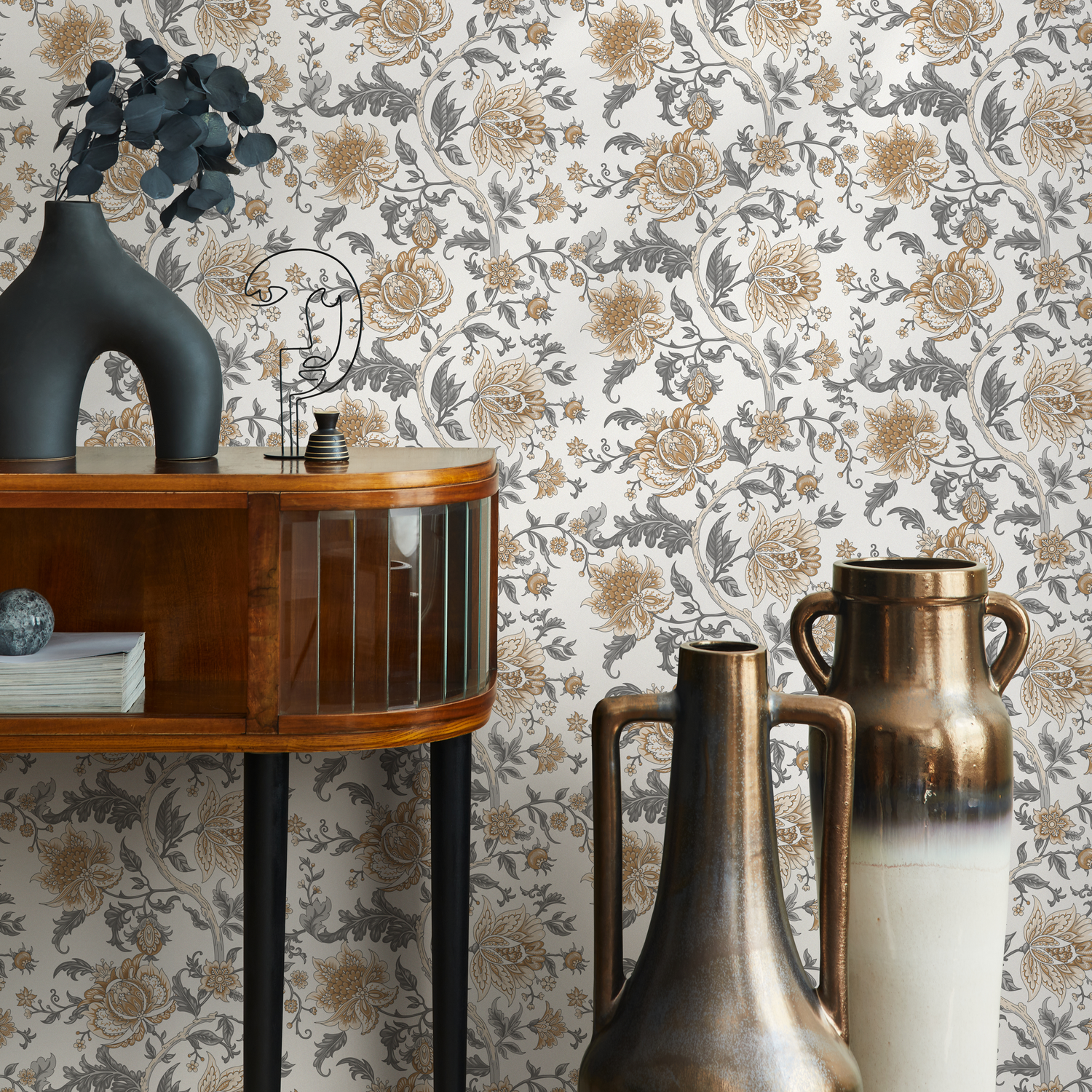 Floral Wallpaper Featuring Intricate Floral Vines in Tan and Grey - D130