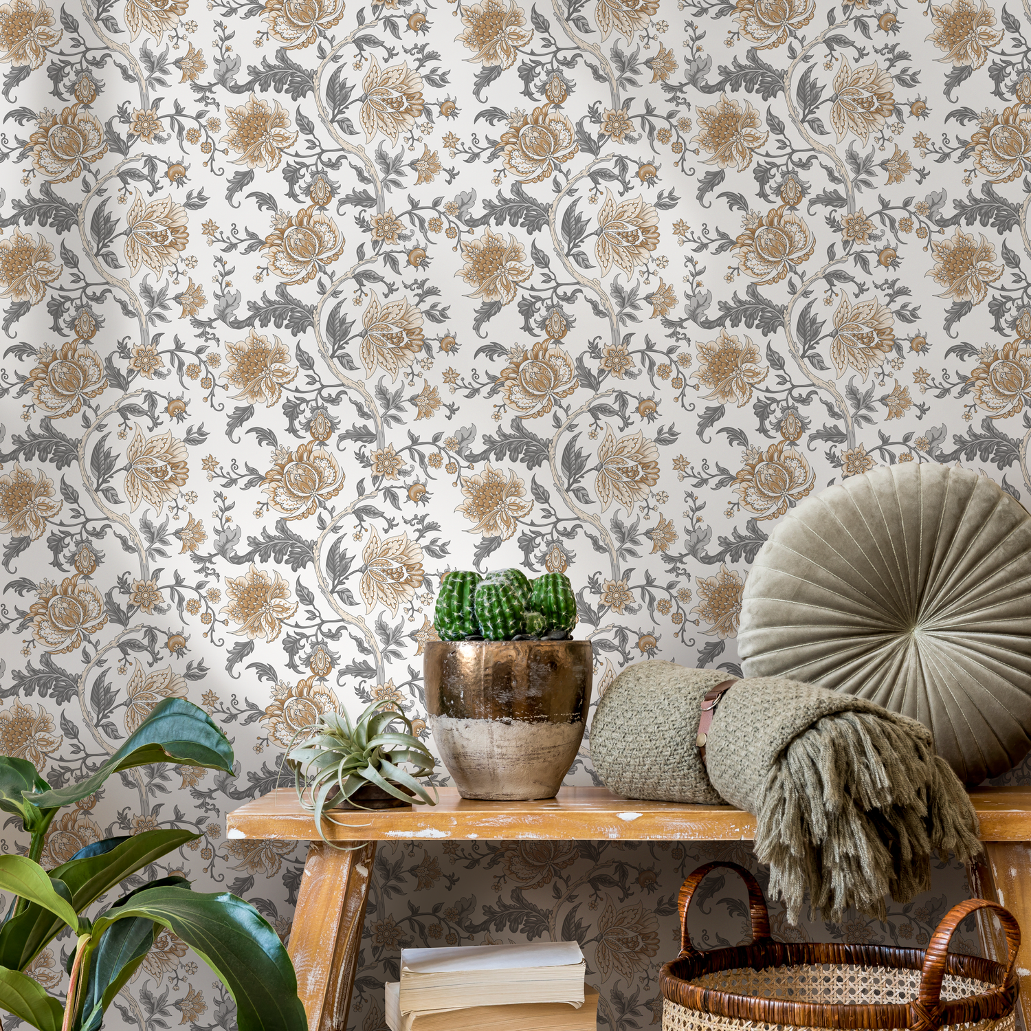 Floral Wallpaper Featuring Intricate Floral Vines in Tan and Grey - D130