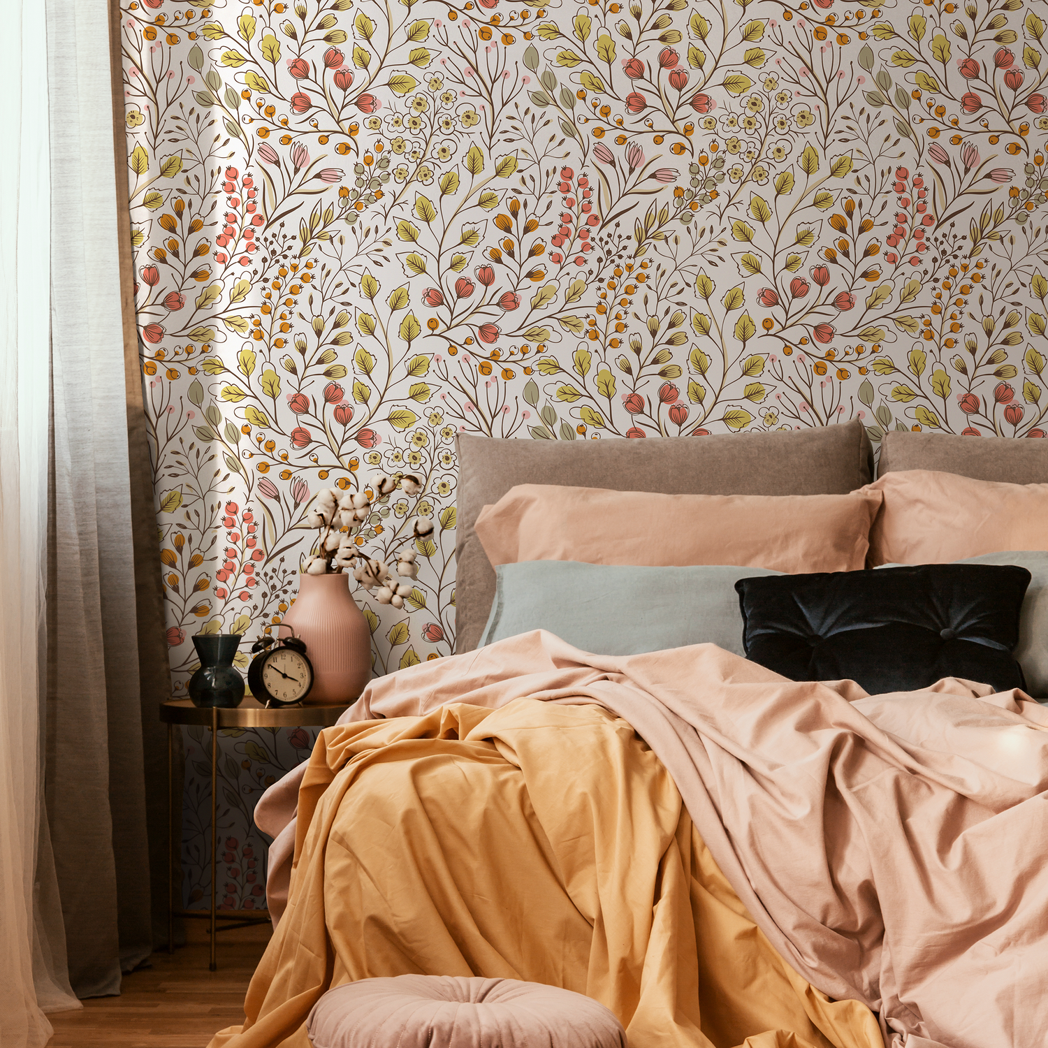 Floral Wallpaper with a Whimsical Botanical Motif in Pink, Yellow, and Green - D147