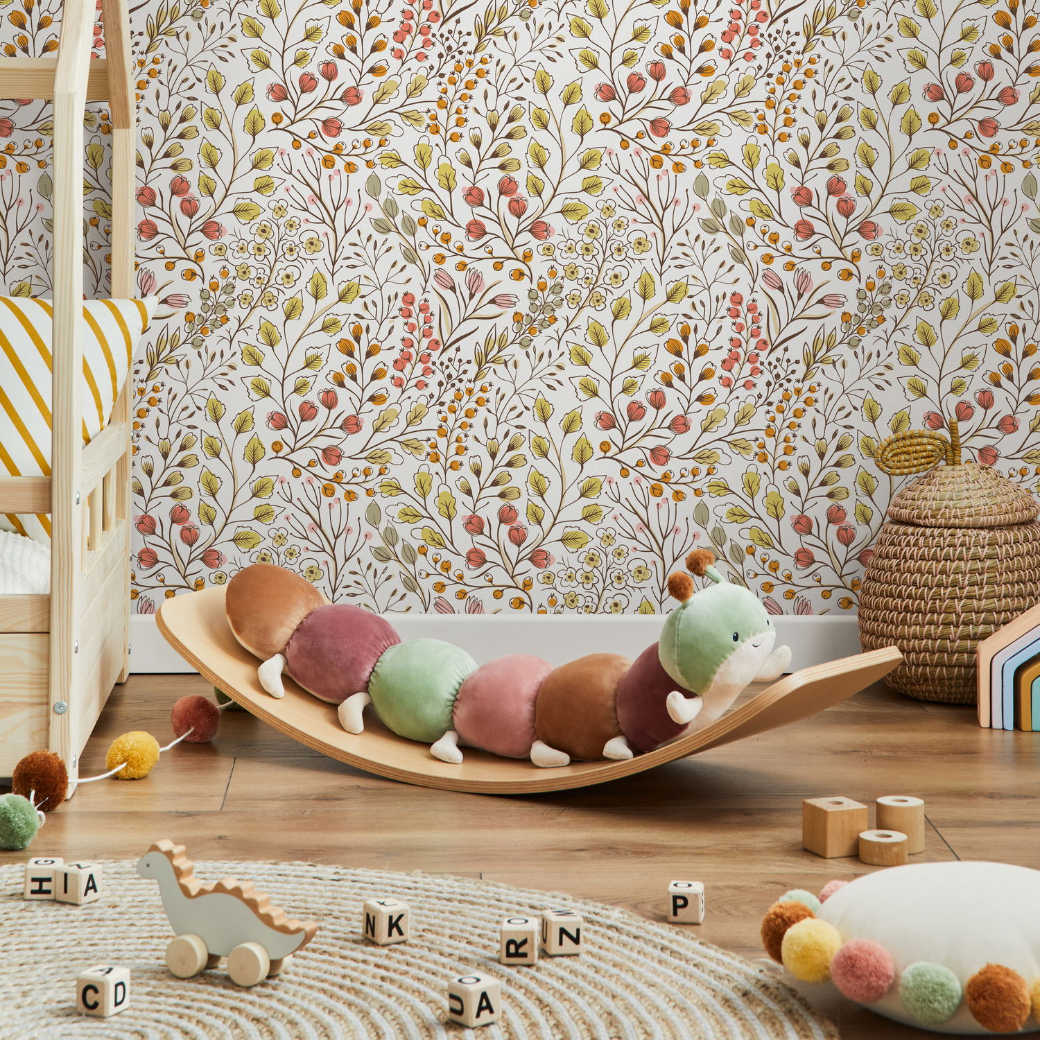 Floral Wallpaper with a Whimsical Botanical Motif in Pink, Yellow, and Green - D147