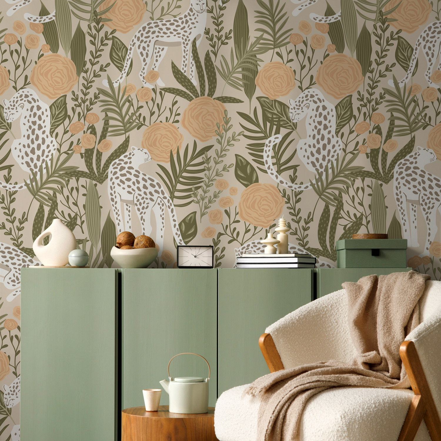 Boho Tiger and Floral Garden Wallpaper / Peel and Stick Wallpaper Removable Wallpaper Home Decor Wall Art Wall Decor Room Decor - D156 - ONDECOR.COM