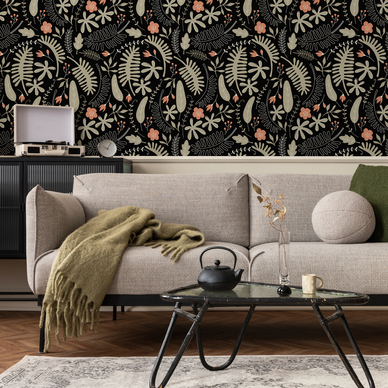 Botanical Wallpaper with a Stylized Fern Motif in Black, Beige, and Pink - D161