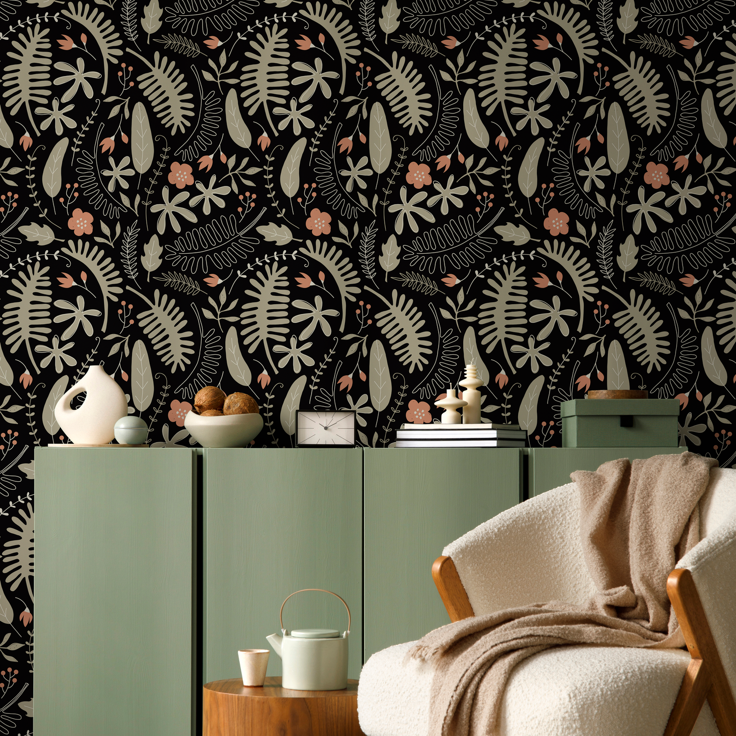 Botanical Wallpaper with a Stylized Fern Motif in Black, Beige, and Pink - D161