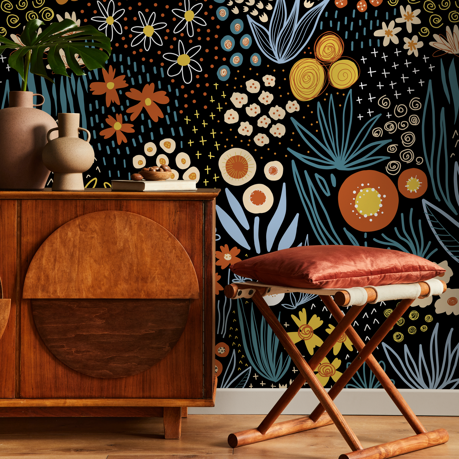 Floral Wallpaper with Stylized Wildflowers in Black, Orange, and Blue - D168