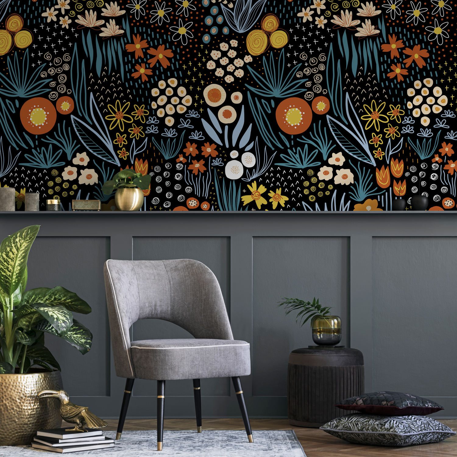Floral Wallpaper with Stylized Wildflowers in Black, Orange, and Blue - D168