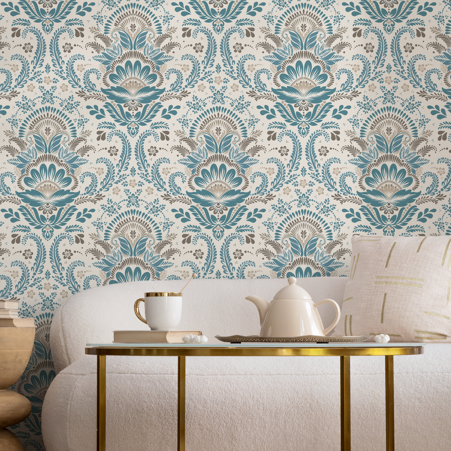 Damask Wallpaper with an Intricate Floral Motif in Blue and Beige - D186