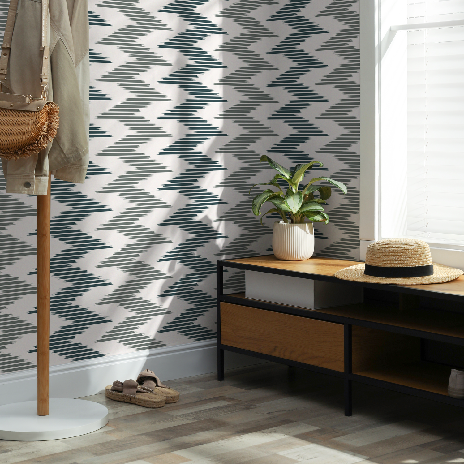 Geometric Wallpaper with an Ikat Chevron Motif in Teal and Sage Green - D205