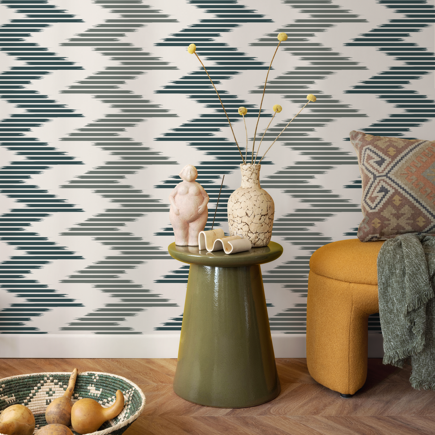 Geometric Wallpaper with an Ikat Chevron Motif in Teal and Sage Green - D205