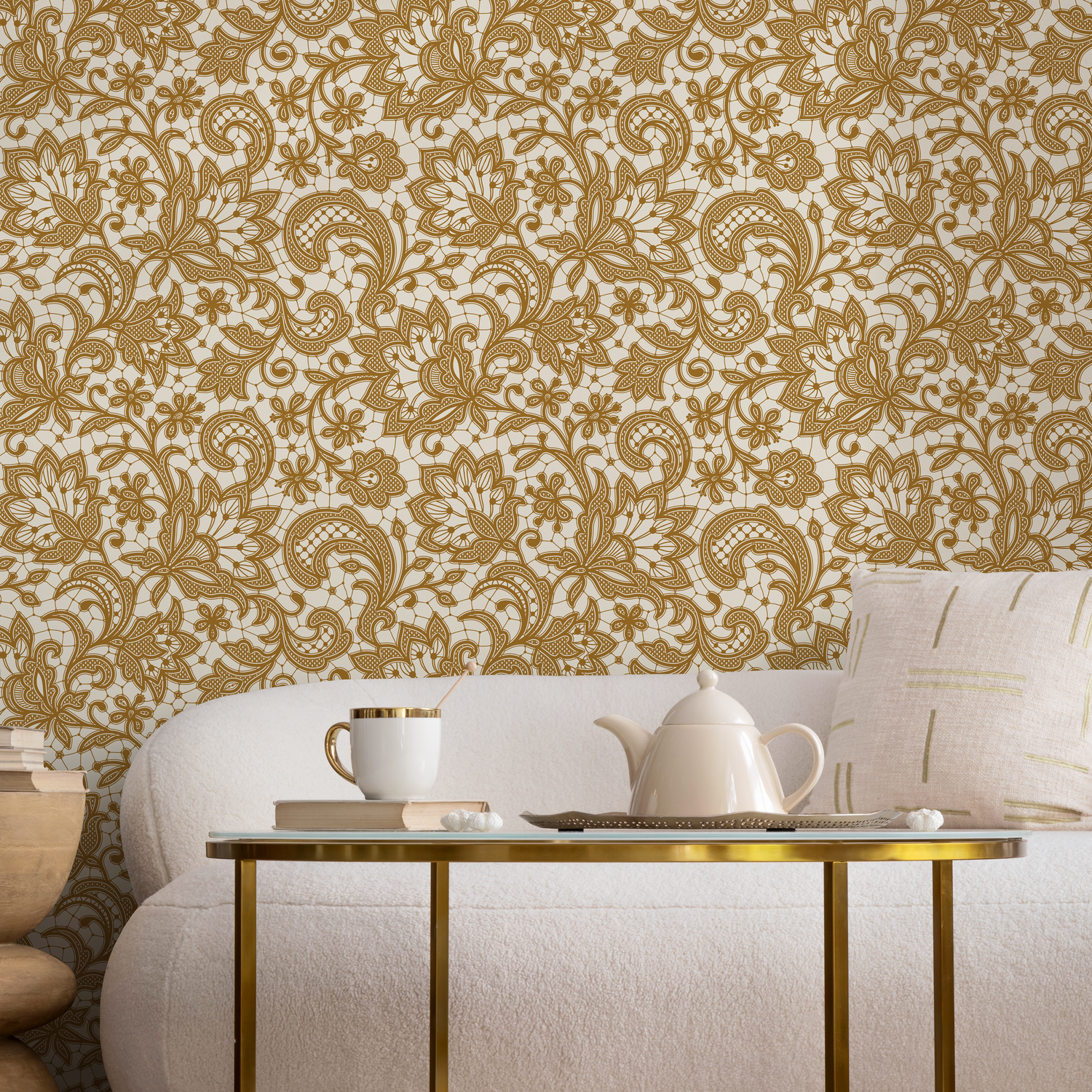 Ornamental Wallpaper with an Intricate Floral Lace Motif in Yellow - D210