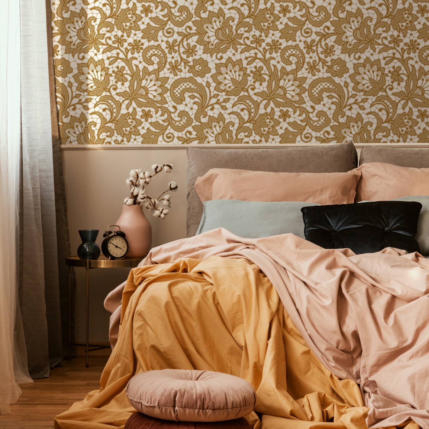 Ornamental Wallpaper with an Intricate Floral Lace Motif in Yellow - D210
