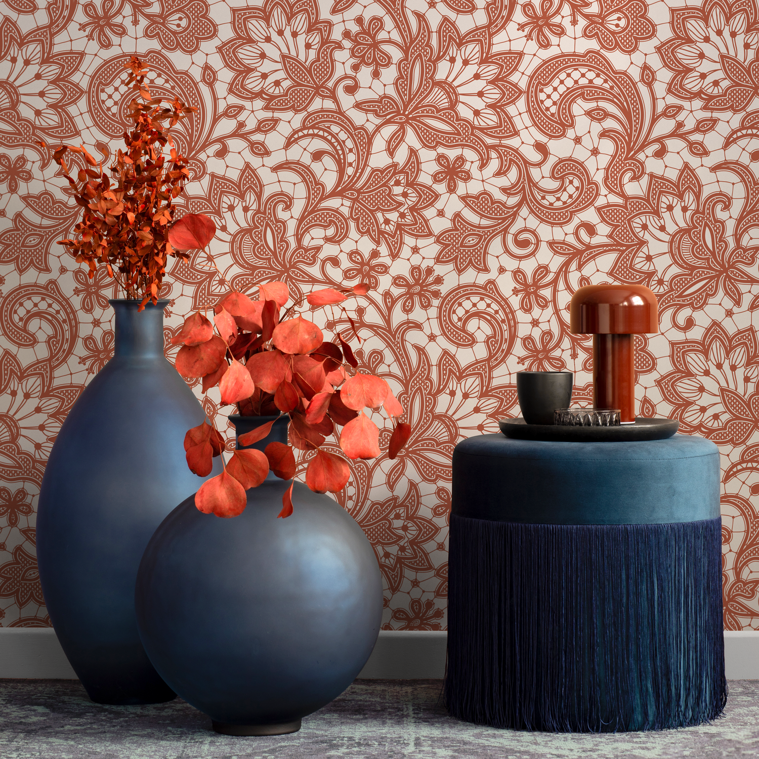 Lace Wallpaper with an Intricate Floral Motif in Terracotta Red - D212